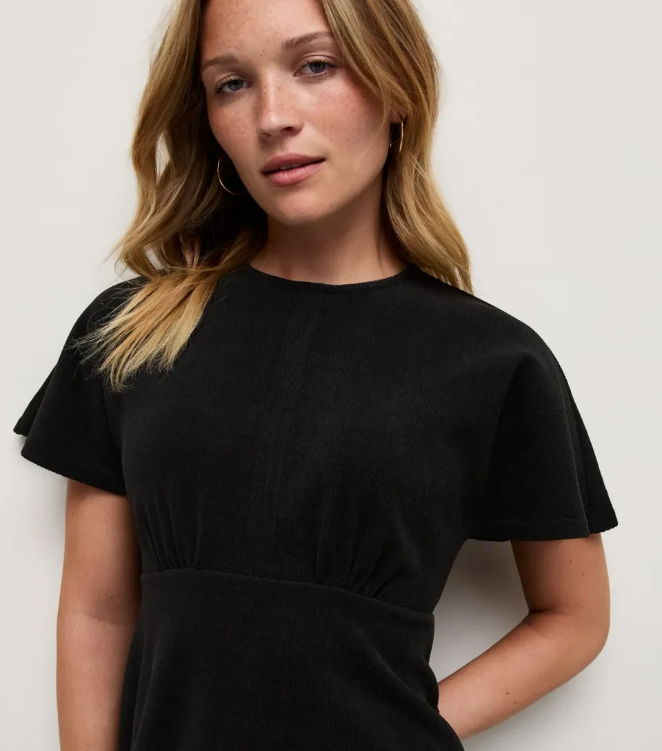 Women's Black Corduroy Batwing Sleeve Mini Dress