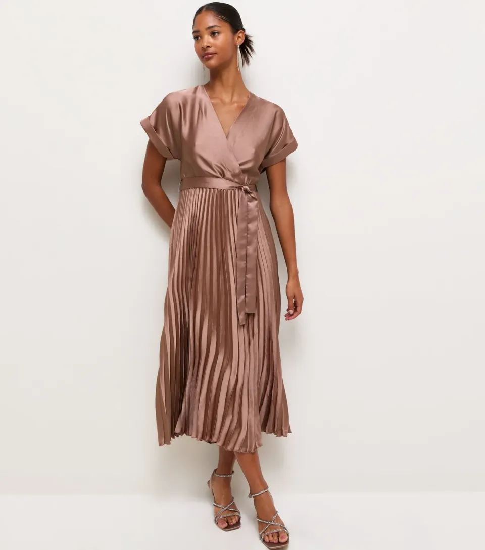 Women's Dark Brown Satin Pleated Wrap Midi Dress