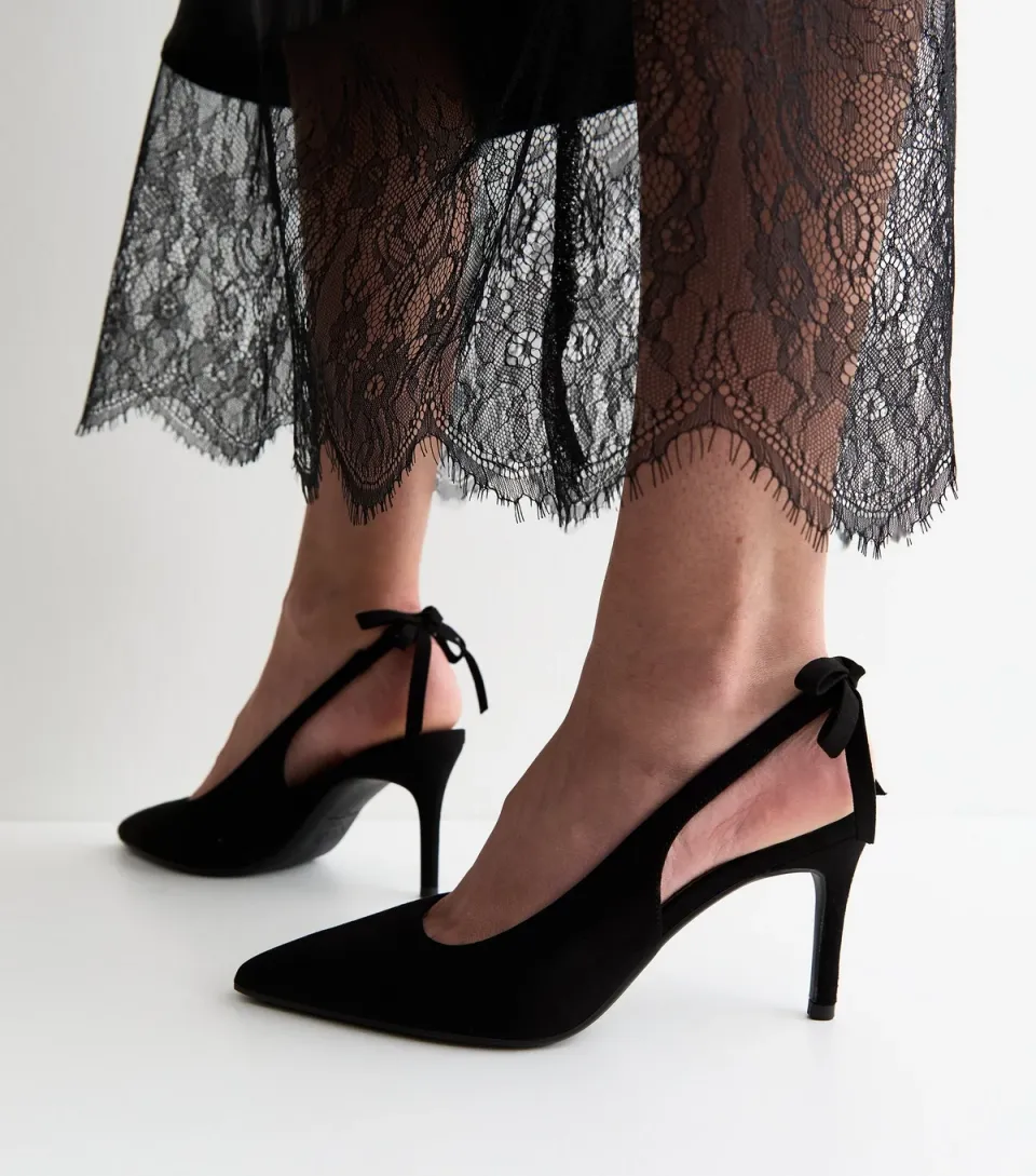 Women's Black Faux Suede Bow Slingback Court Shoes Vegan