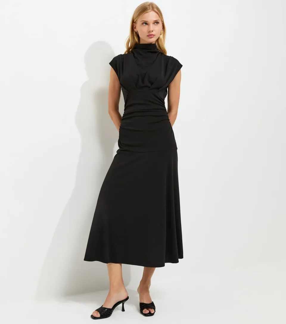 Women's Black High Neck Ruched Waist Midi Dress
