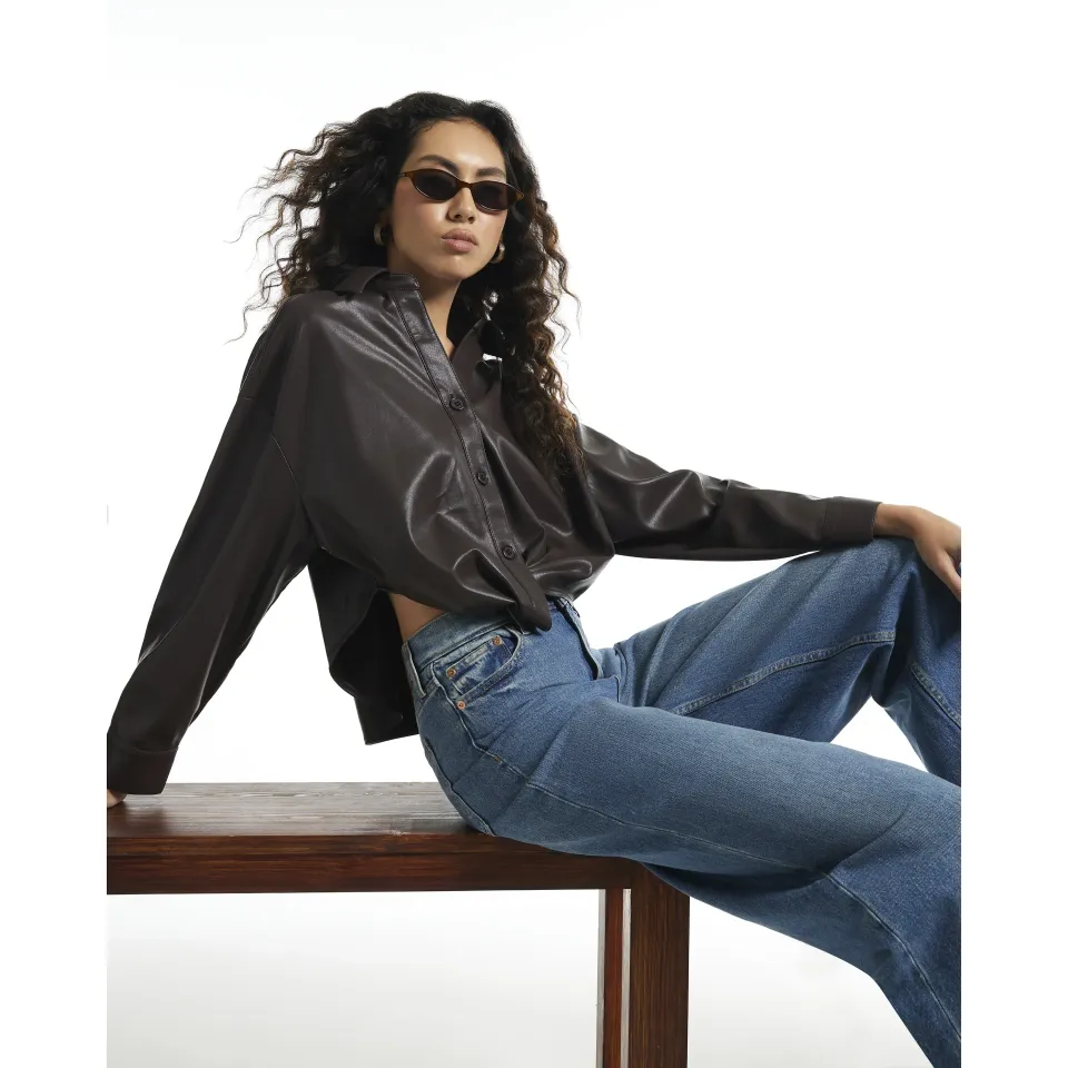 Faux Leather Twist Front Shirt