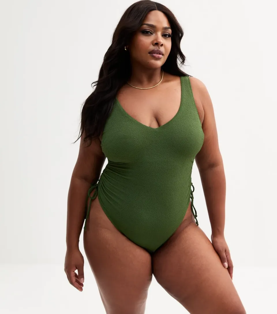 Women's Plus Size Khaki Textured Ruched Side Swimsuit Curves