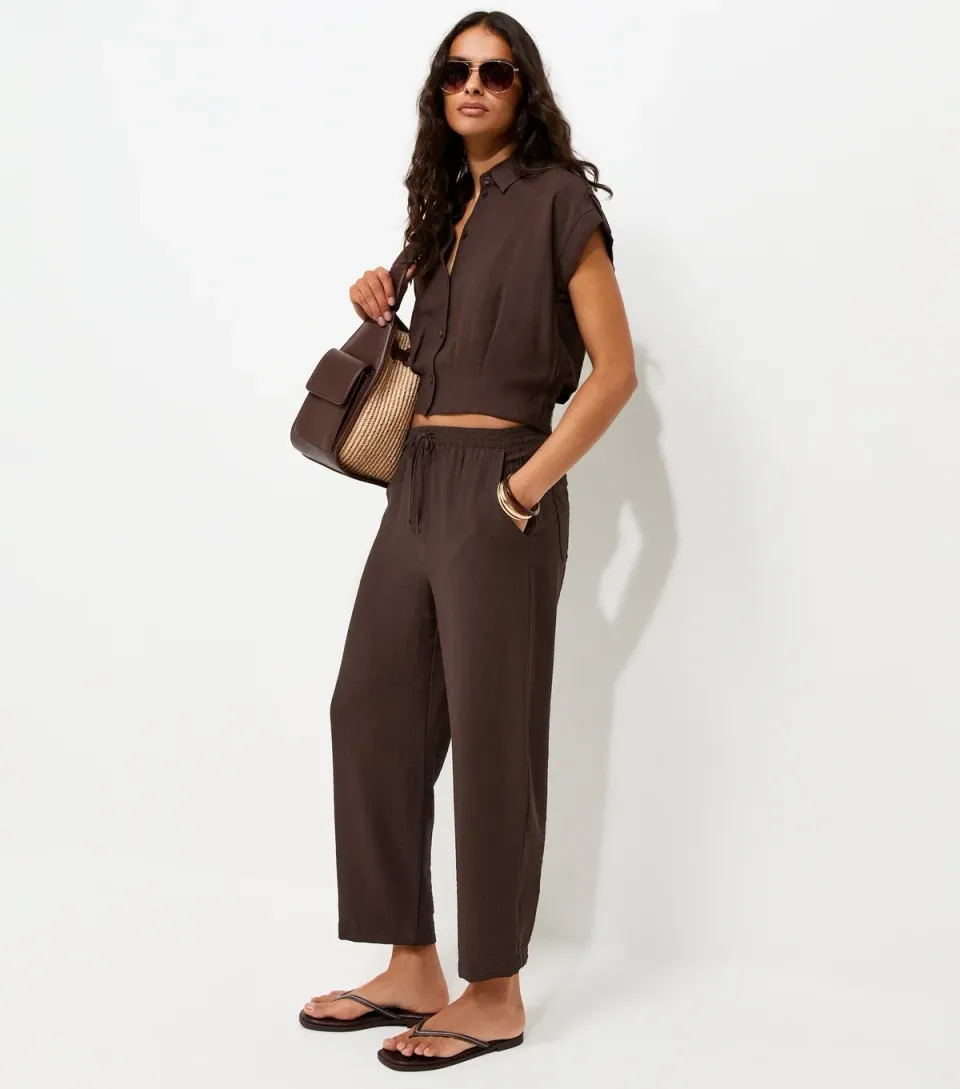 Women's Dark Brown Woven Ankle Grazer Trousers