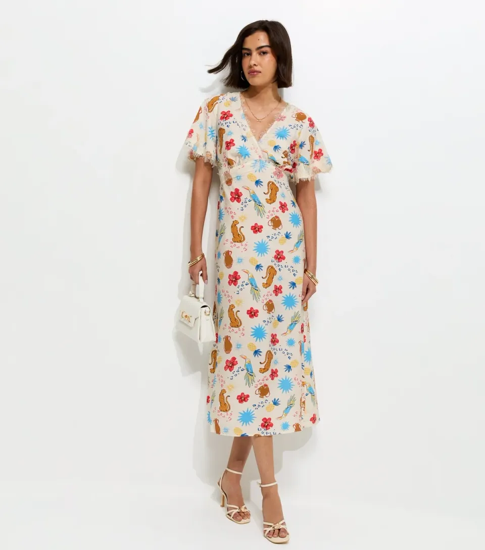Women's Cream Leopard Pattern Lace Trim Tea Midi Dress