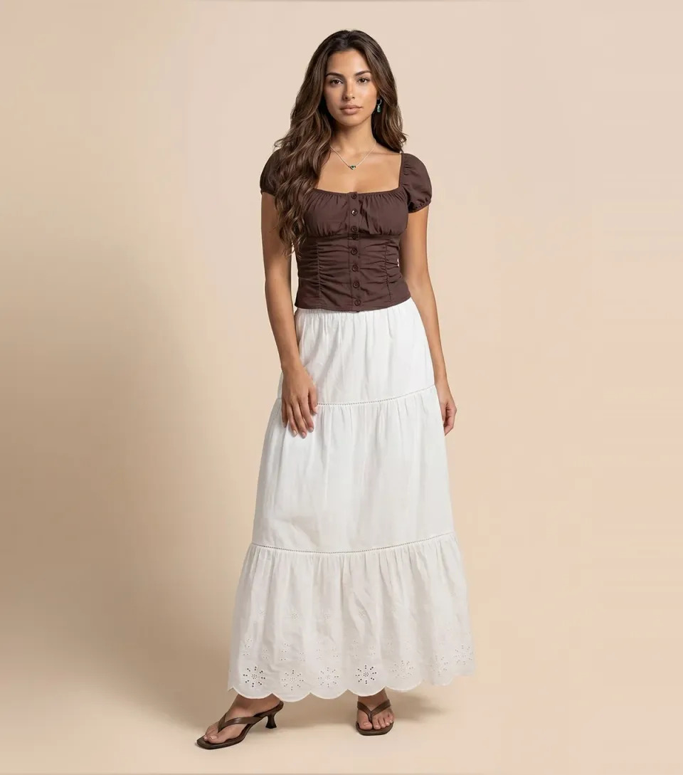 Women's White Cotton Broderie Trim Maxi Skirt