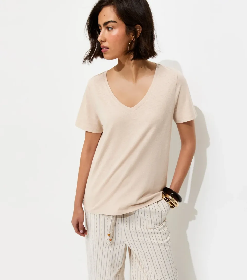 Women's Premium Stone Linen Rich V Neck T-Shirt