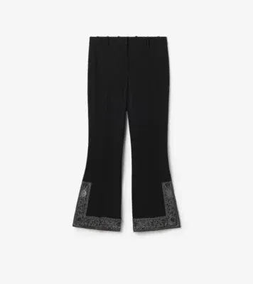 Cropped Embroidered Wool Silk Flared Trousers in Black