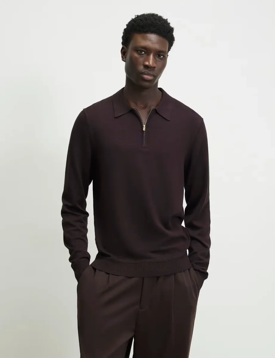 Slim Fit Half Zip Long Sleeve Polo Shirt Burgundy