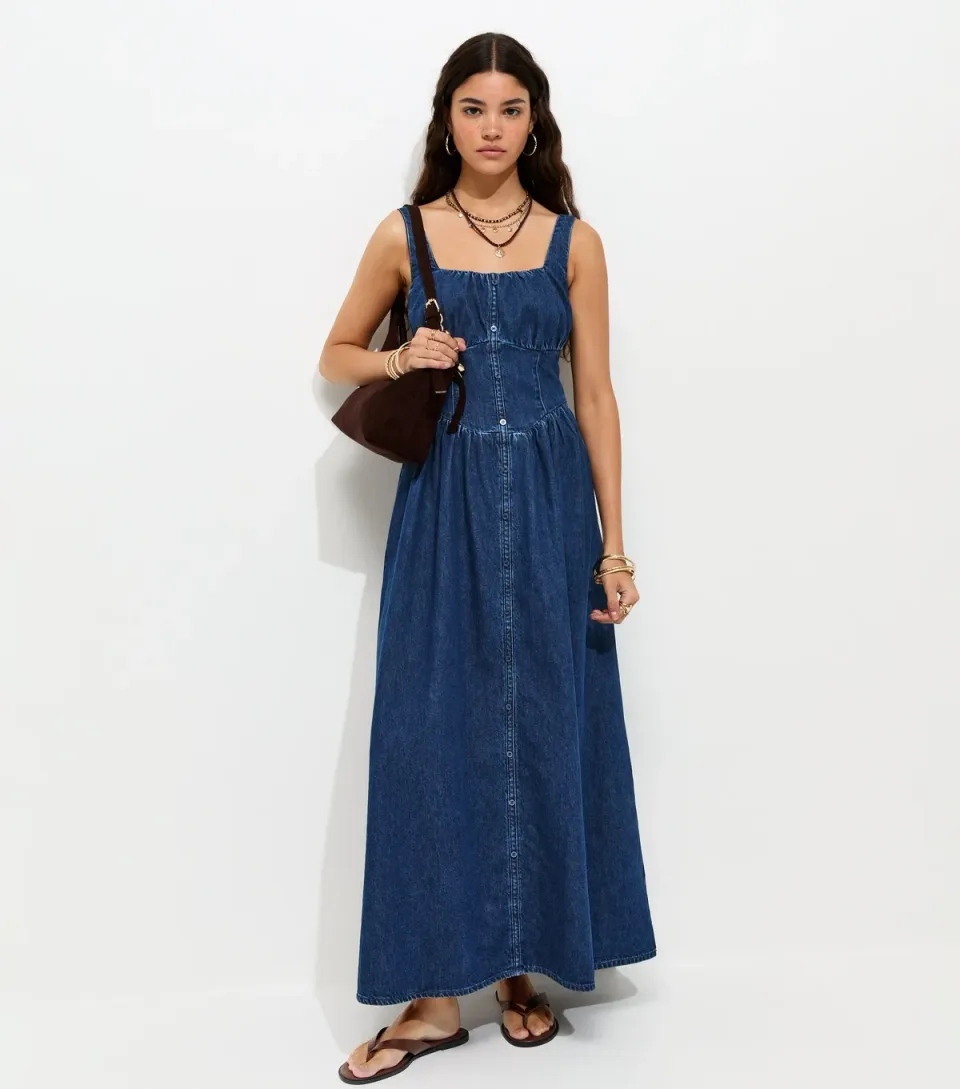 Women's Blue Cotton Milkmaid Denim Midi Dress