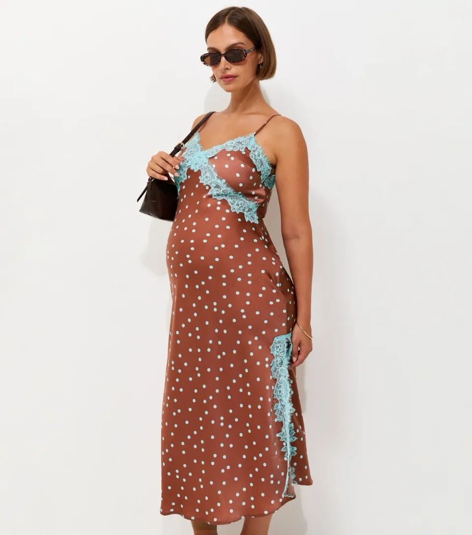 Women's Maternity Brown Spot Print Lace Trim Midi Dress