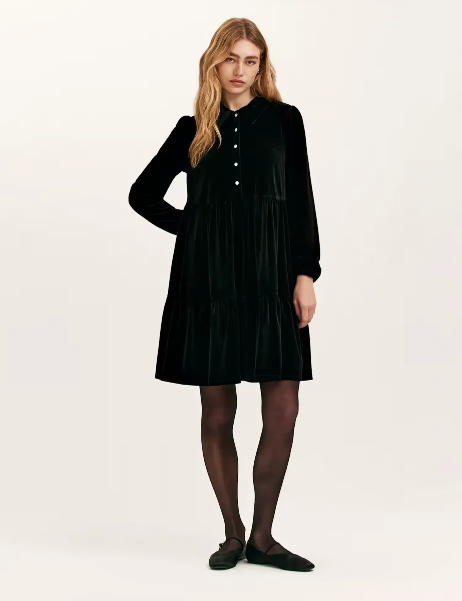 Velvet Collared Knee Length Shirt Dress Black