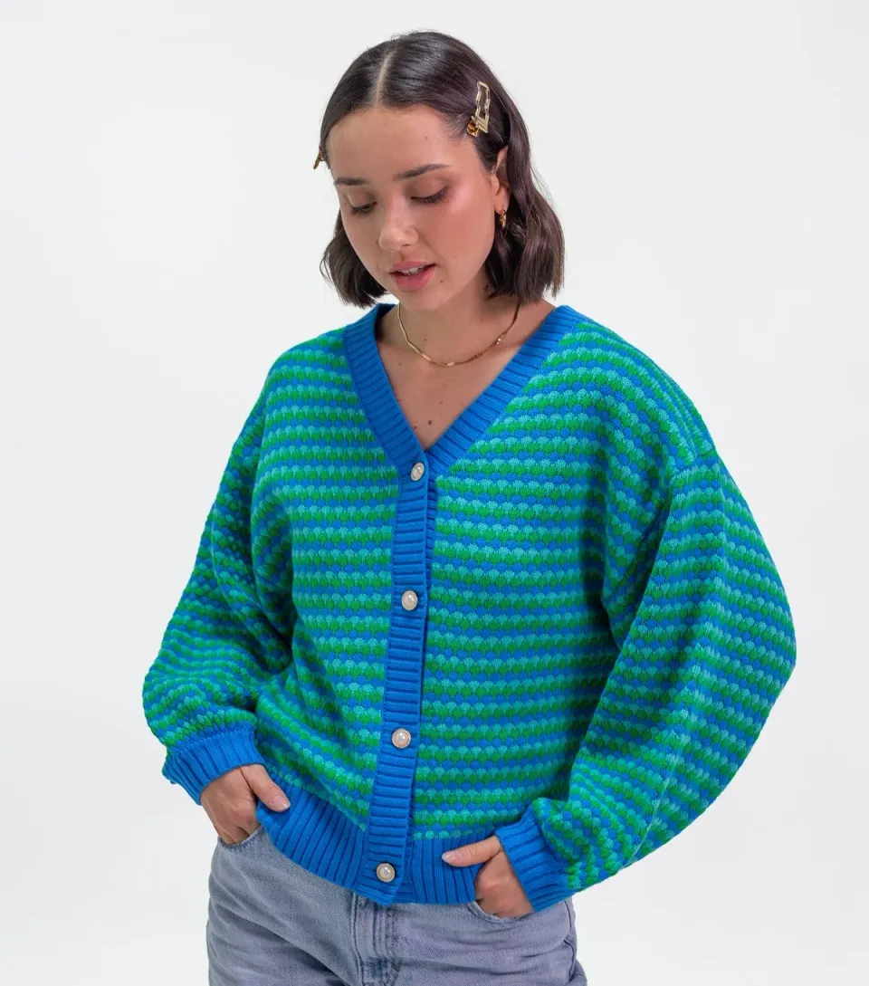 Women's Blue Knitted Geometric Stripe Front Button Cardigan