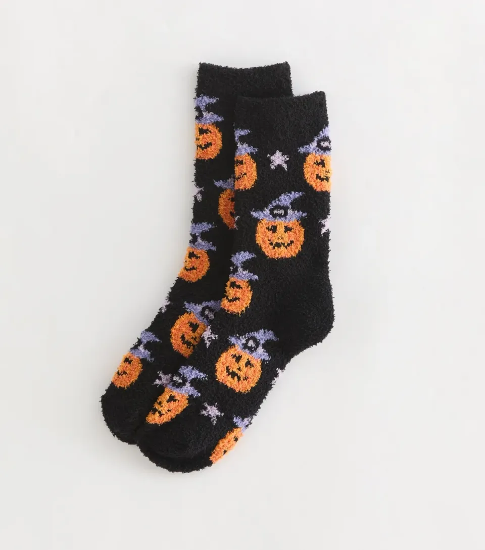Black Fuzzy Knit Halloween Pumpkin Socks