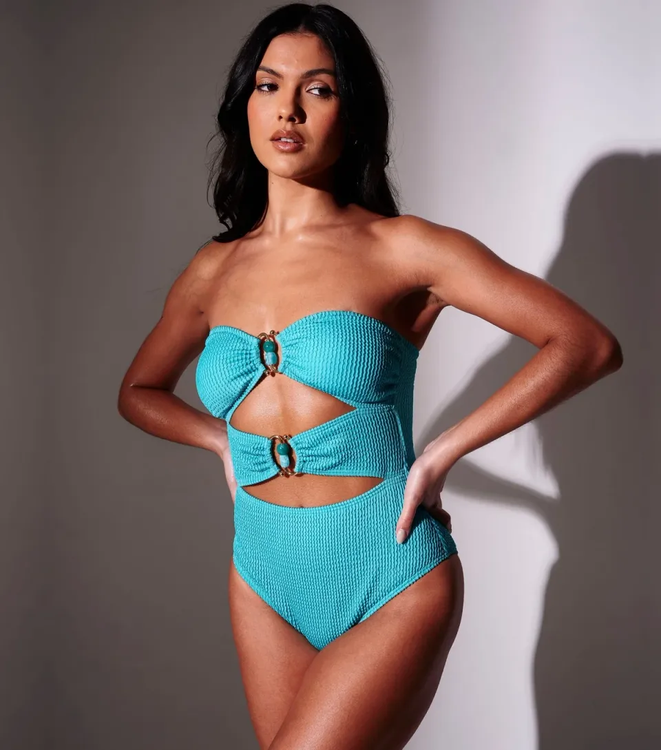 Women's Turquoise Cutout Ring Halterneck Swimsuit