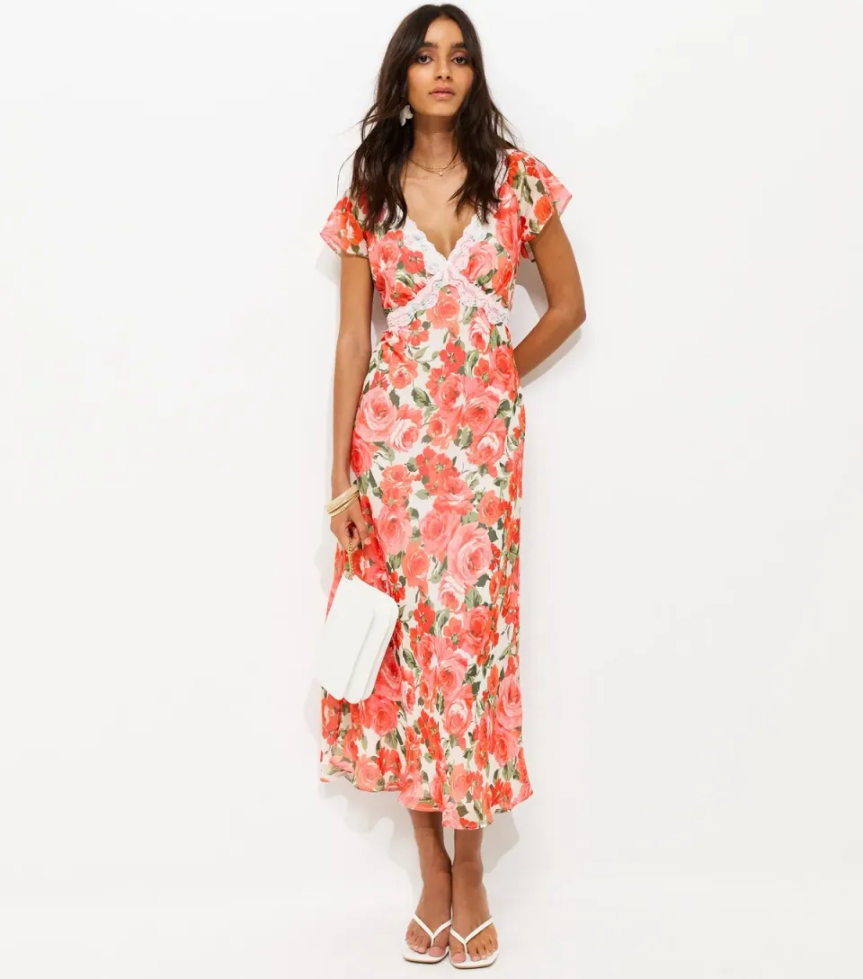 Women's Pink Floral Print Lace Trimmed Chiffon Midi Dress