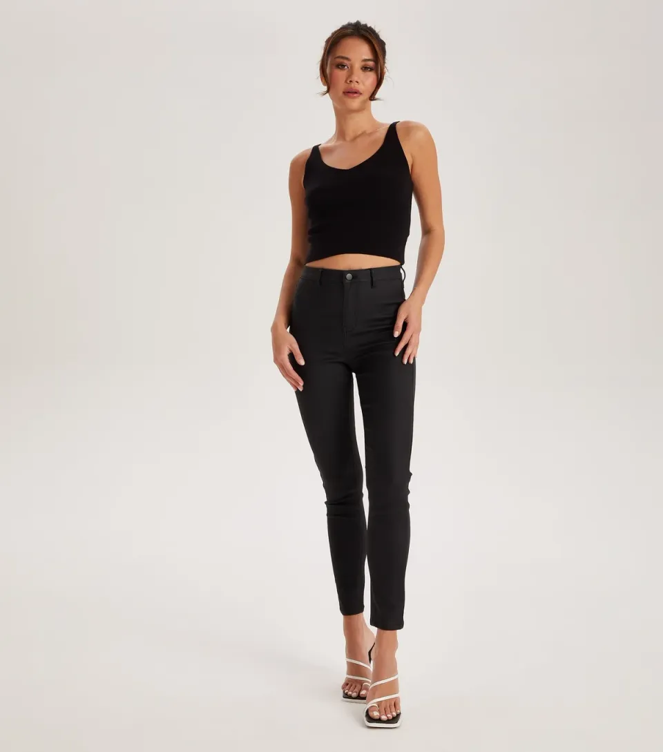 Women's Black Coated Leather-Look Super Skinny Jeans
