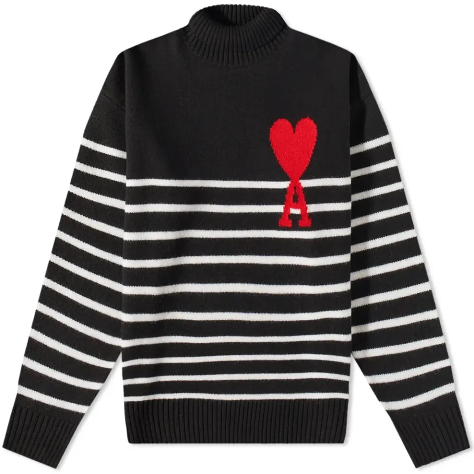 AMI Large A Heart Striped Roll Neck Knit
