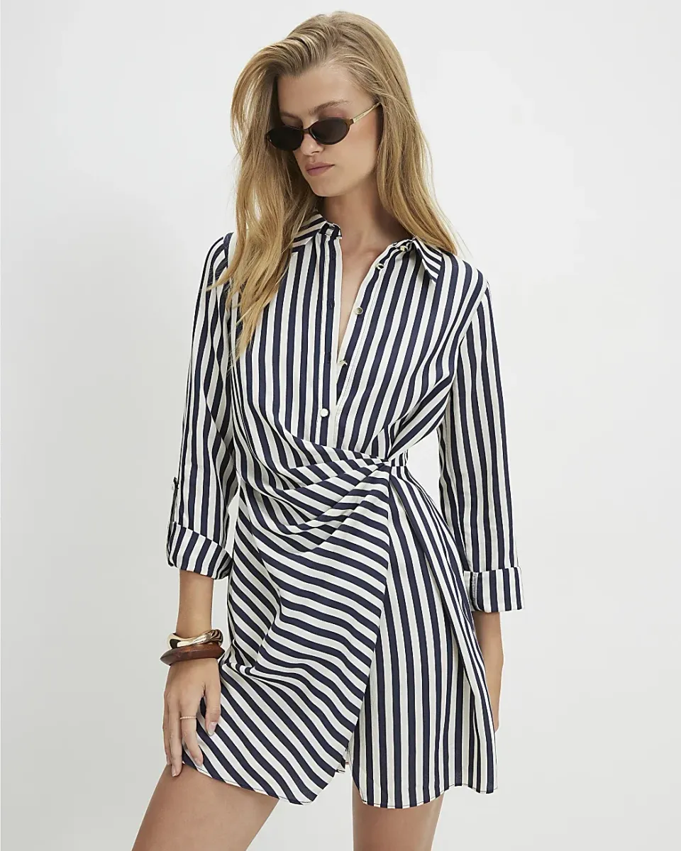 Stripe Draped Mini Shirt Dress