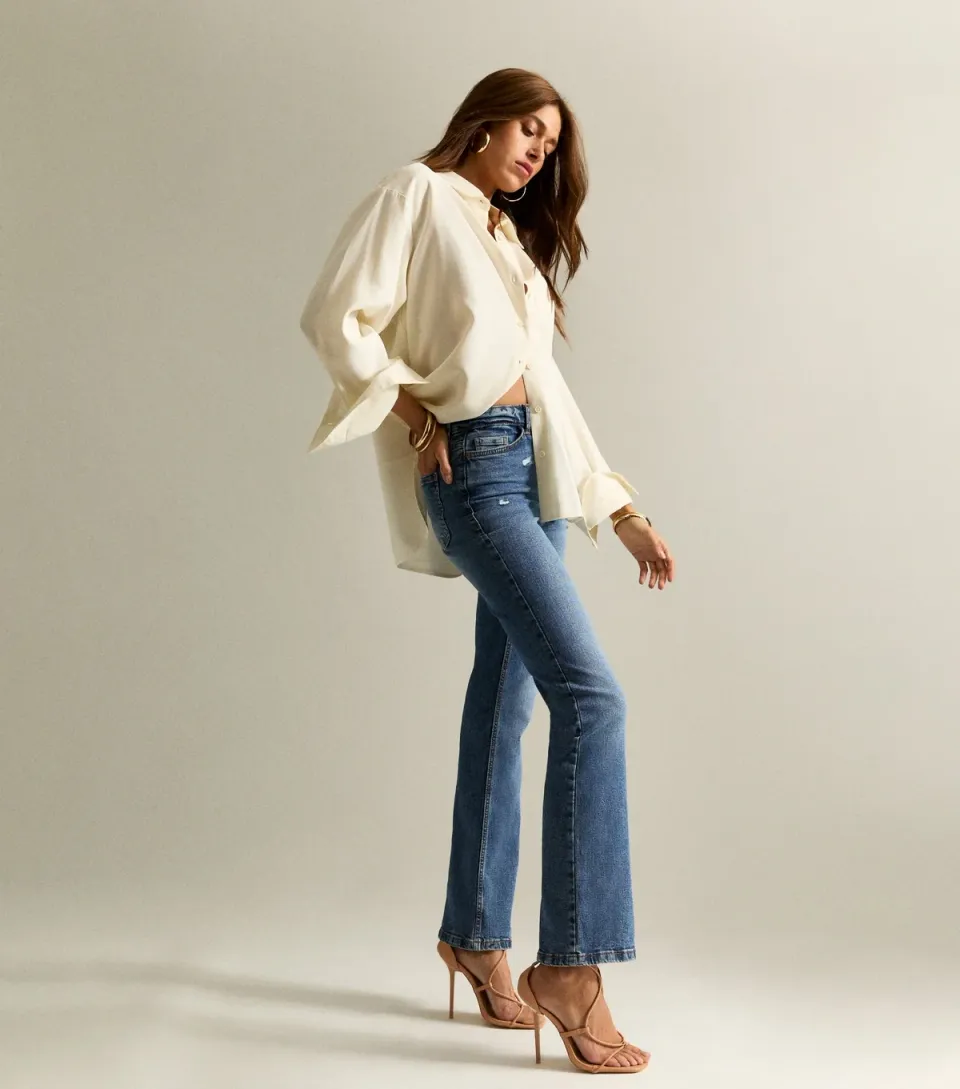 Women's Ripped Detail High Rise Flare Jeans