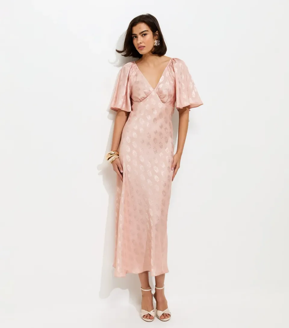Women's Pink Paisley Pattern Jacquard Flutter Sleeve Midi Dress