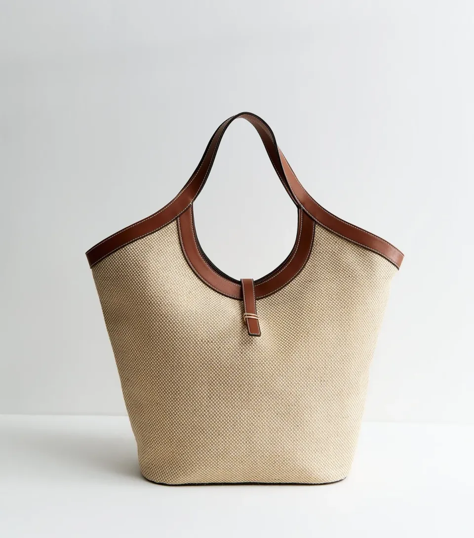 Stone Canvas Faux-Leather Trim Tote Bag