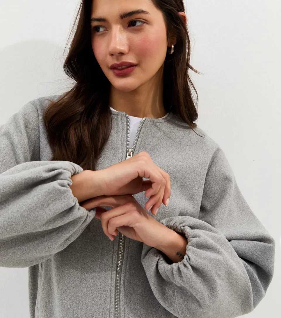 Women's Grey Collarless Zip Through Bomber Jacket