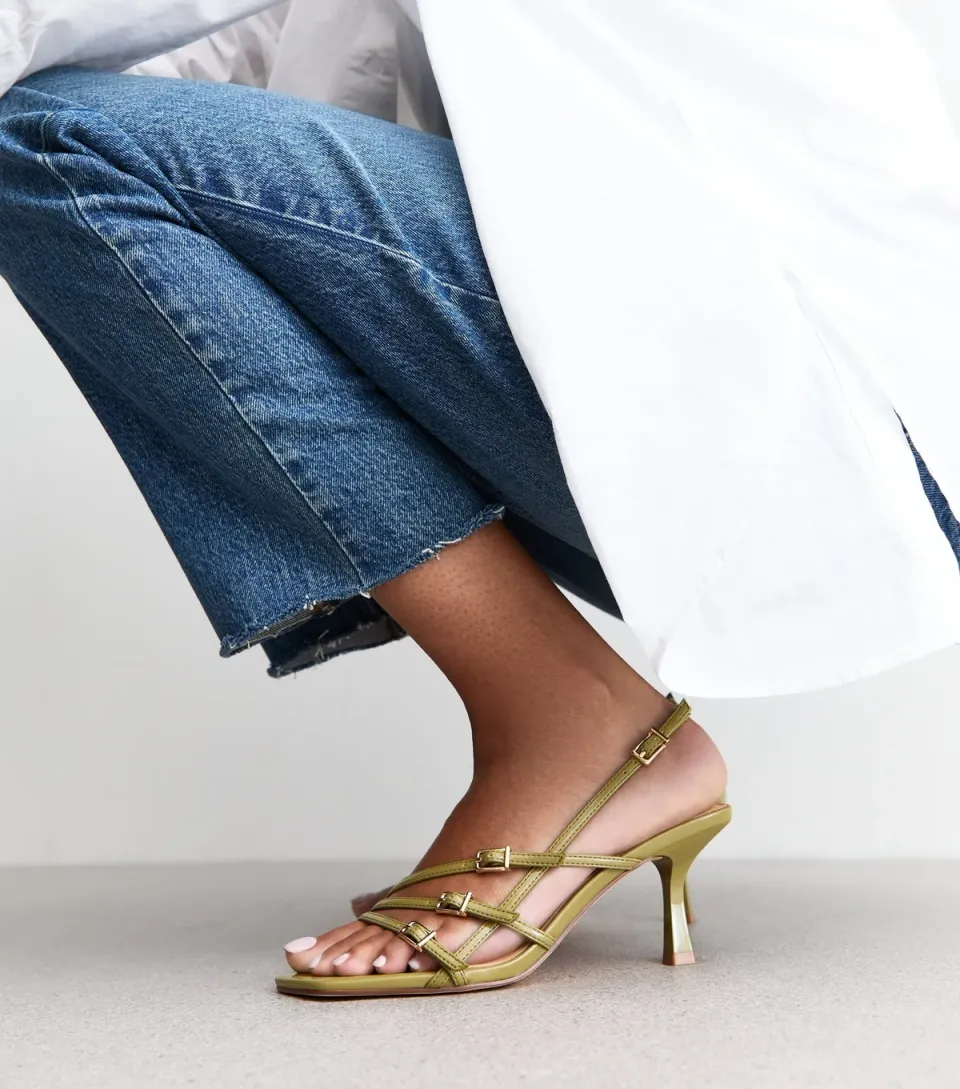 Women's Khaki Asymmetric Strap Stiletto Heel Sandals Vegan