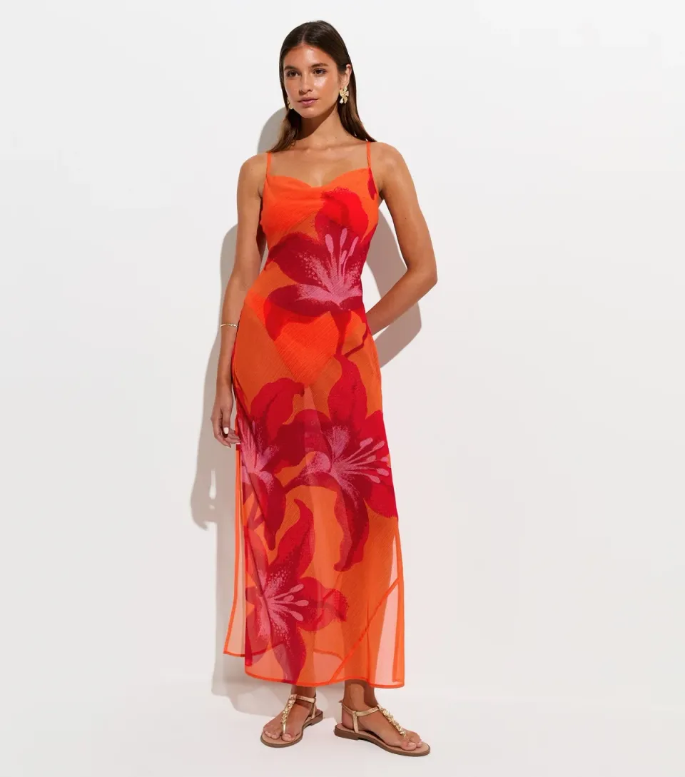 Women's Orange Semi-Sheer Hibiscus Print Maxi Beach Dress