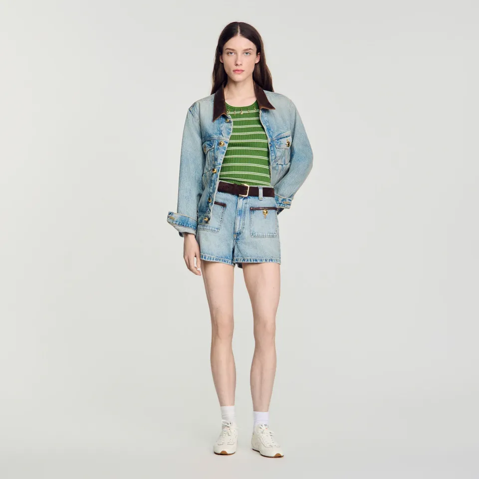 Denim shorts with leather detail