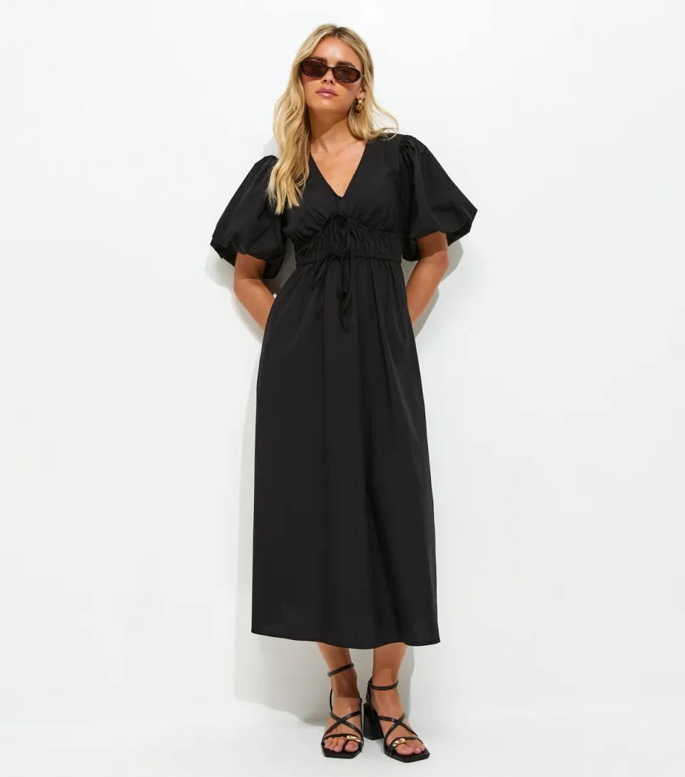 Women's Petite Black Puff Sleeve Midi Dress