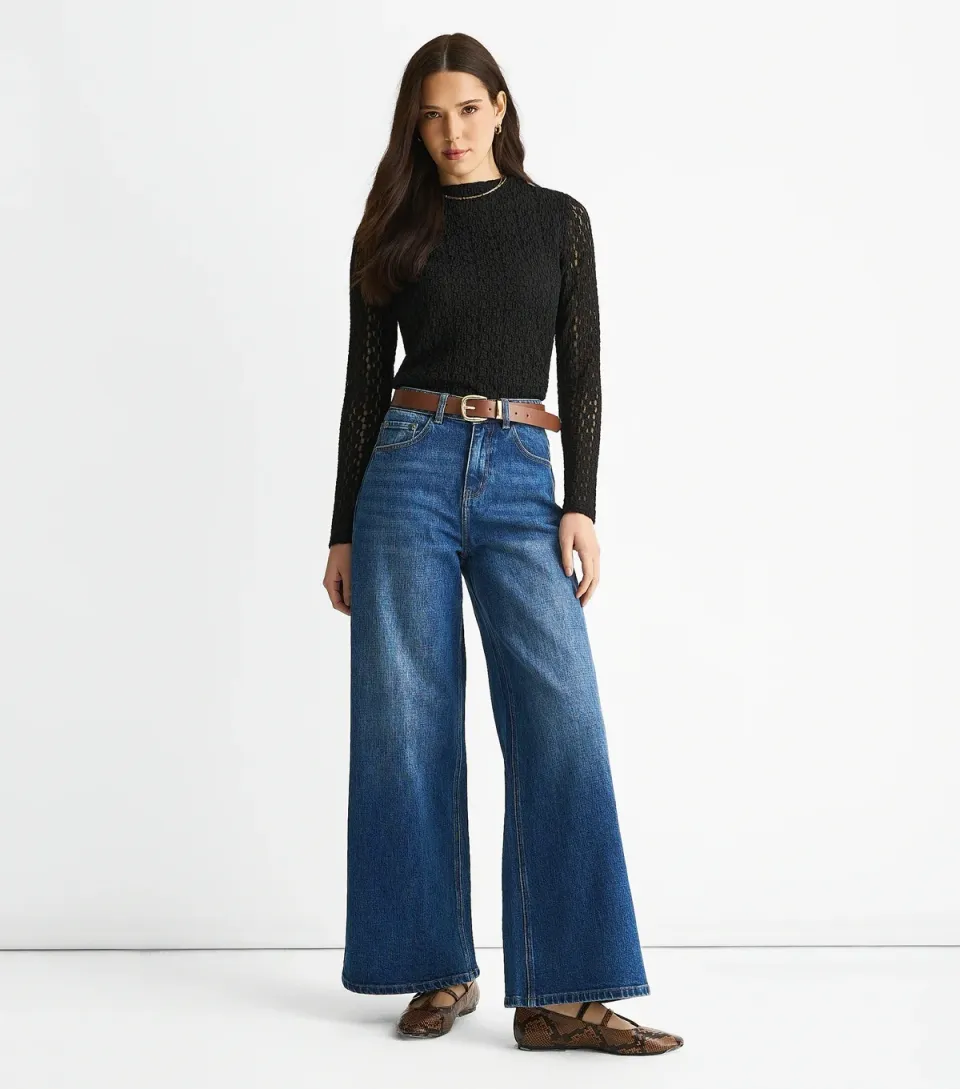 Women's Blue Mid Rise Wide Leg Denim Jeans