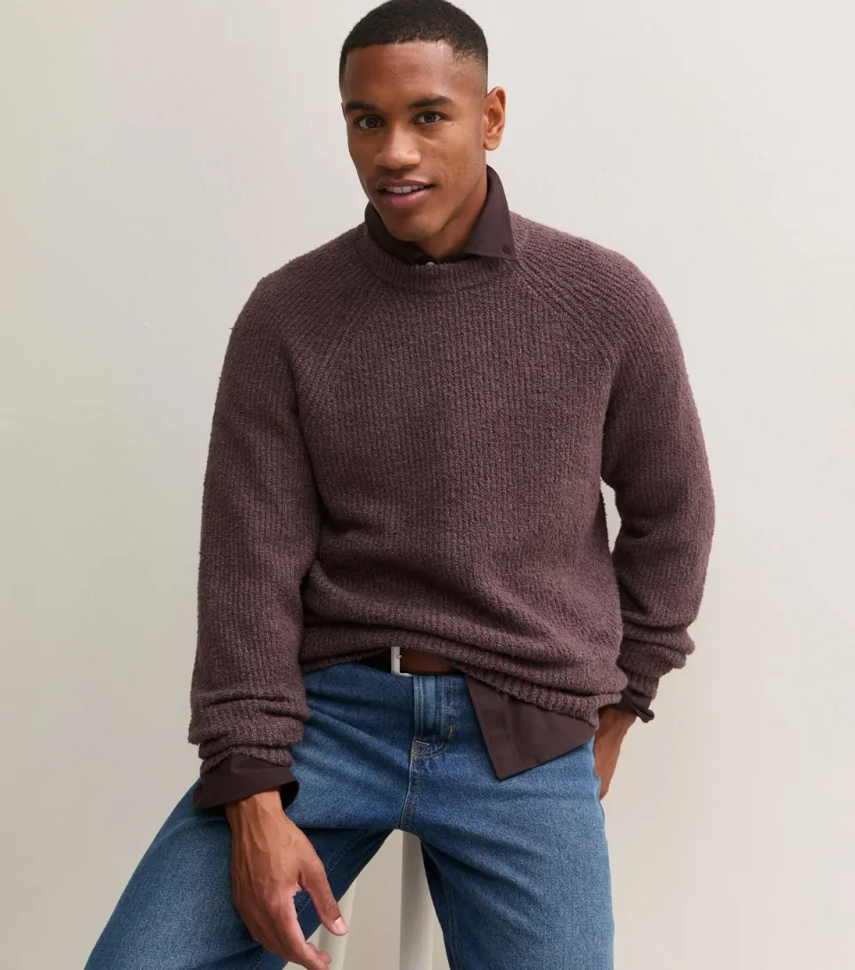 Men's Dark Purple Boucle Knit Raglan Sleeve Jumper