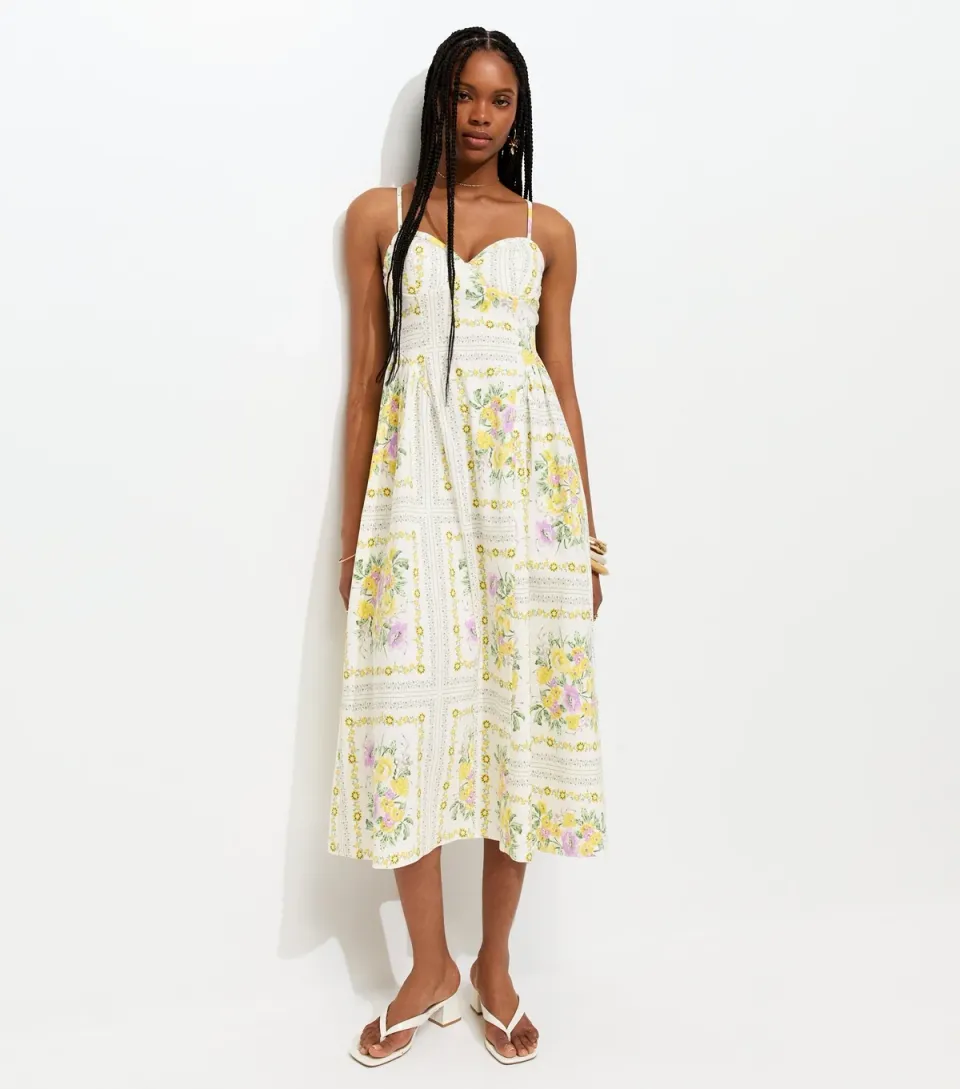 Women's Cream Floral Print Corset Bust Flared Midi Dress