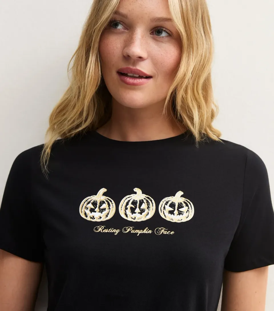 Women's Black Cotton Halloween Pumpkin Crew Neck T-Shirt