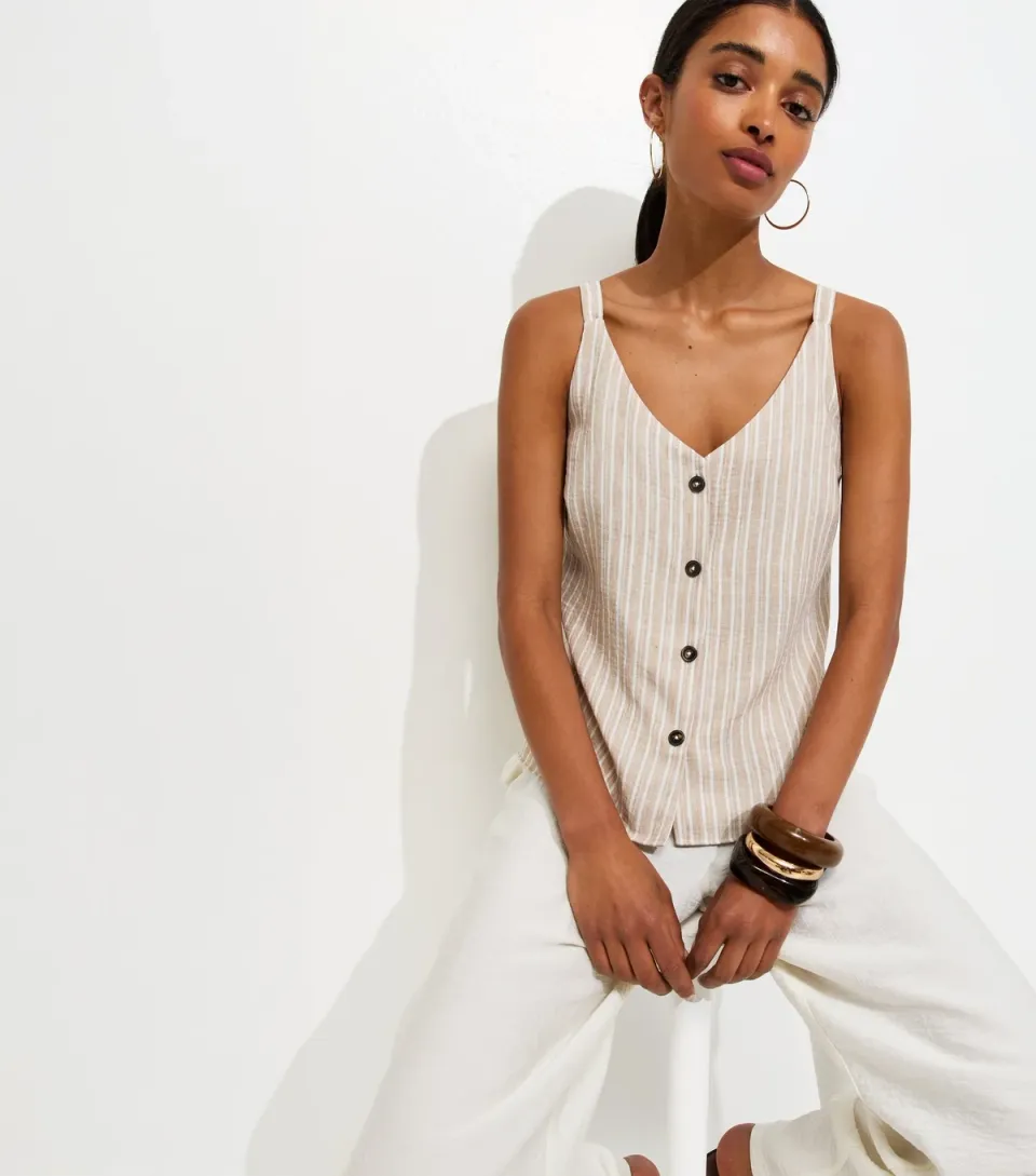 Women's Cream Stripe Button Cami V Neck Top