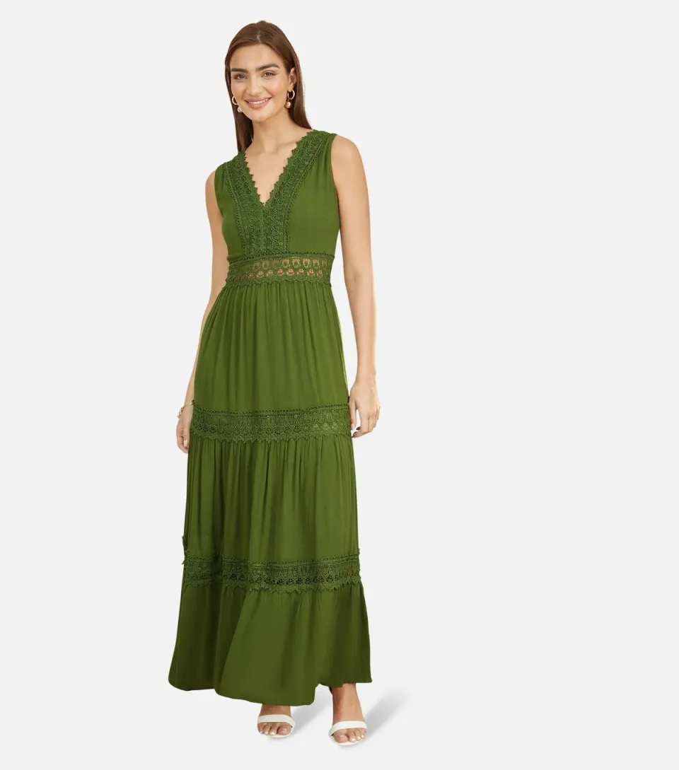 Women's Green Lace Trim Maxi Dress