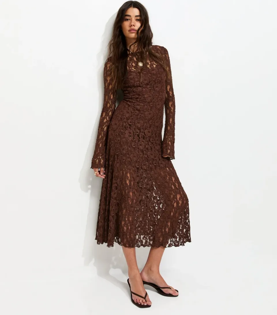 Women's Dark Brown Lace Long Sleeve Midi Dress