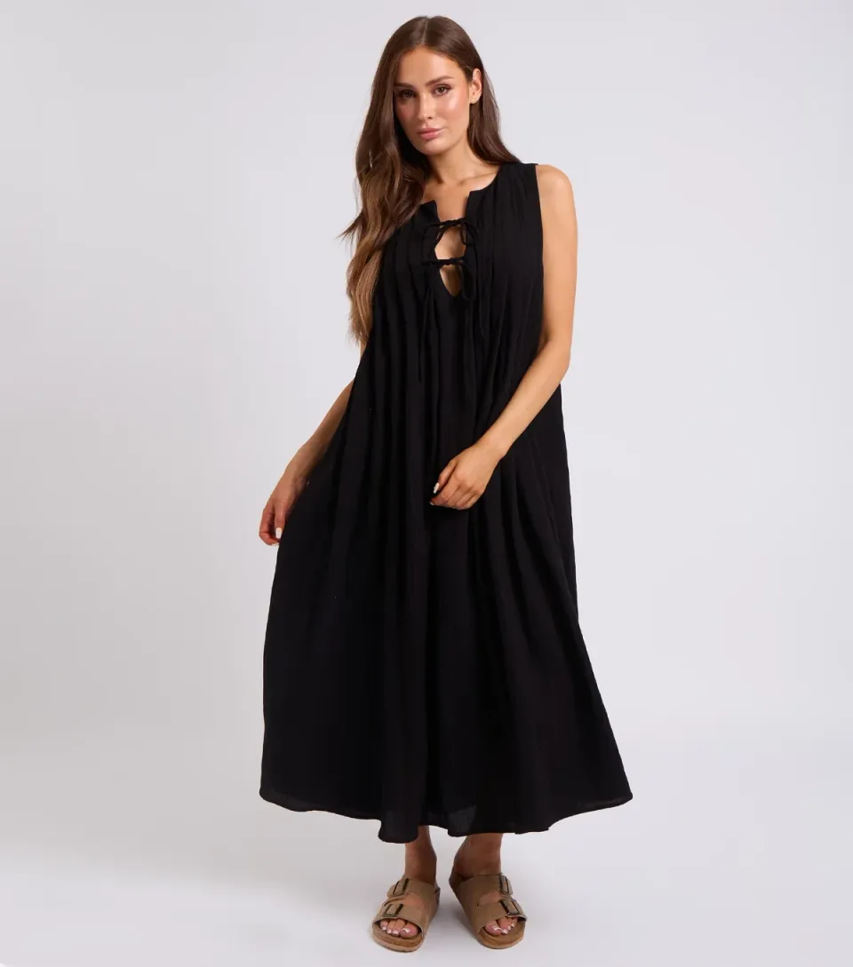Women's Black Tie Front Textured Maxi Dress