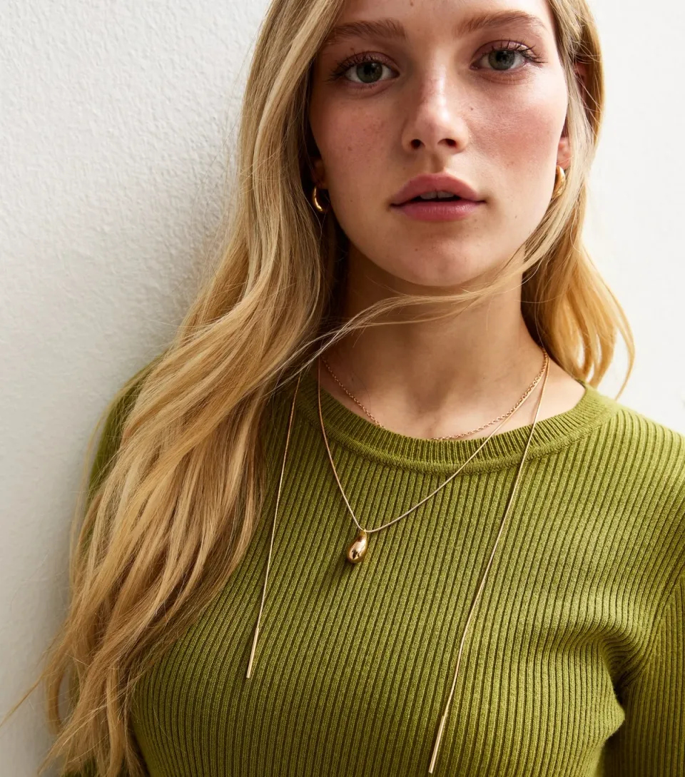 Gold Tone Triple Layer Teardrop Charm Necklace