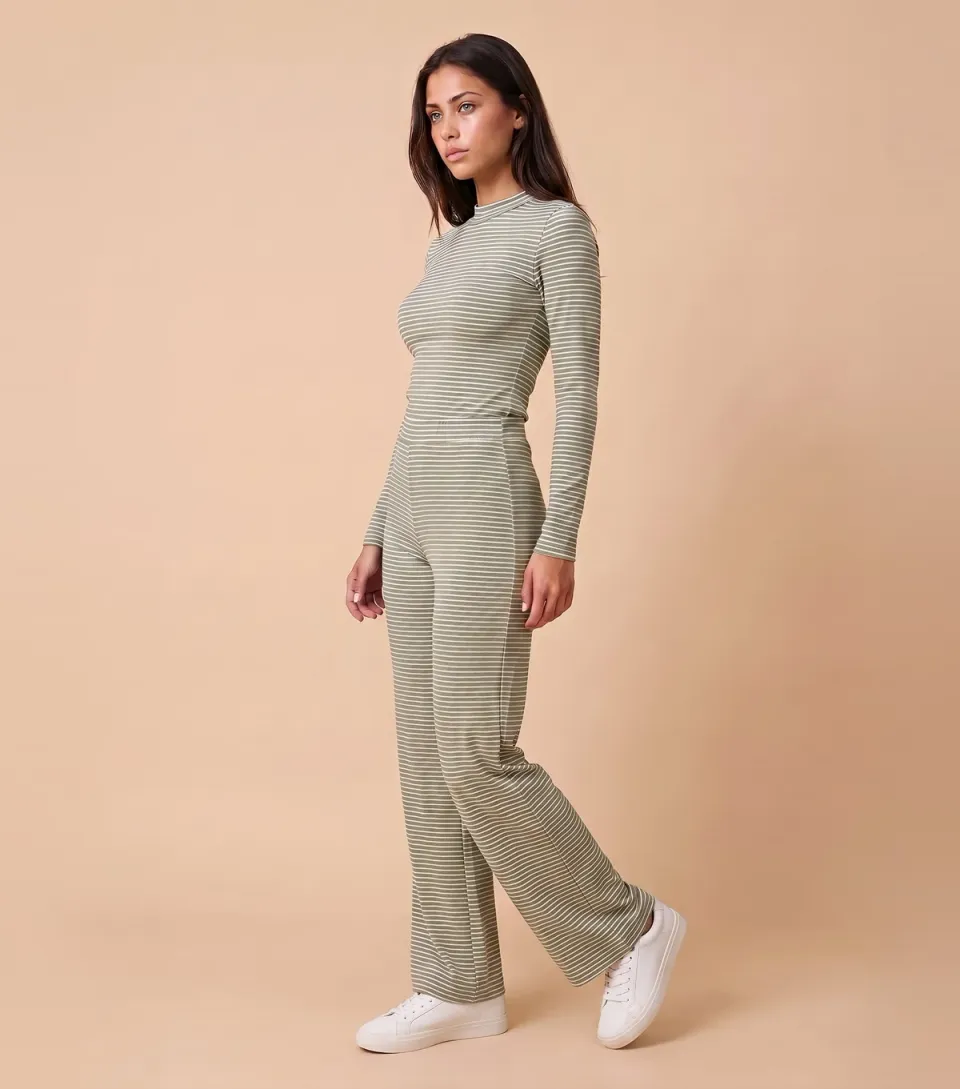 Women's Light Khaki Ribbed Wide Leg Striped Trousers