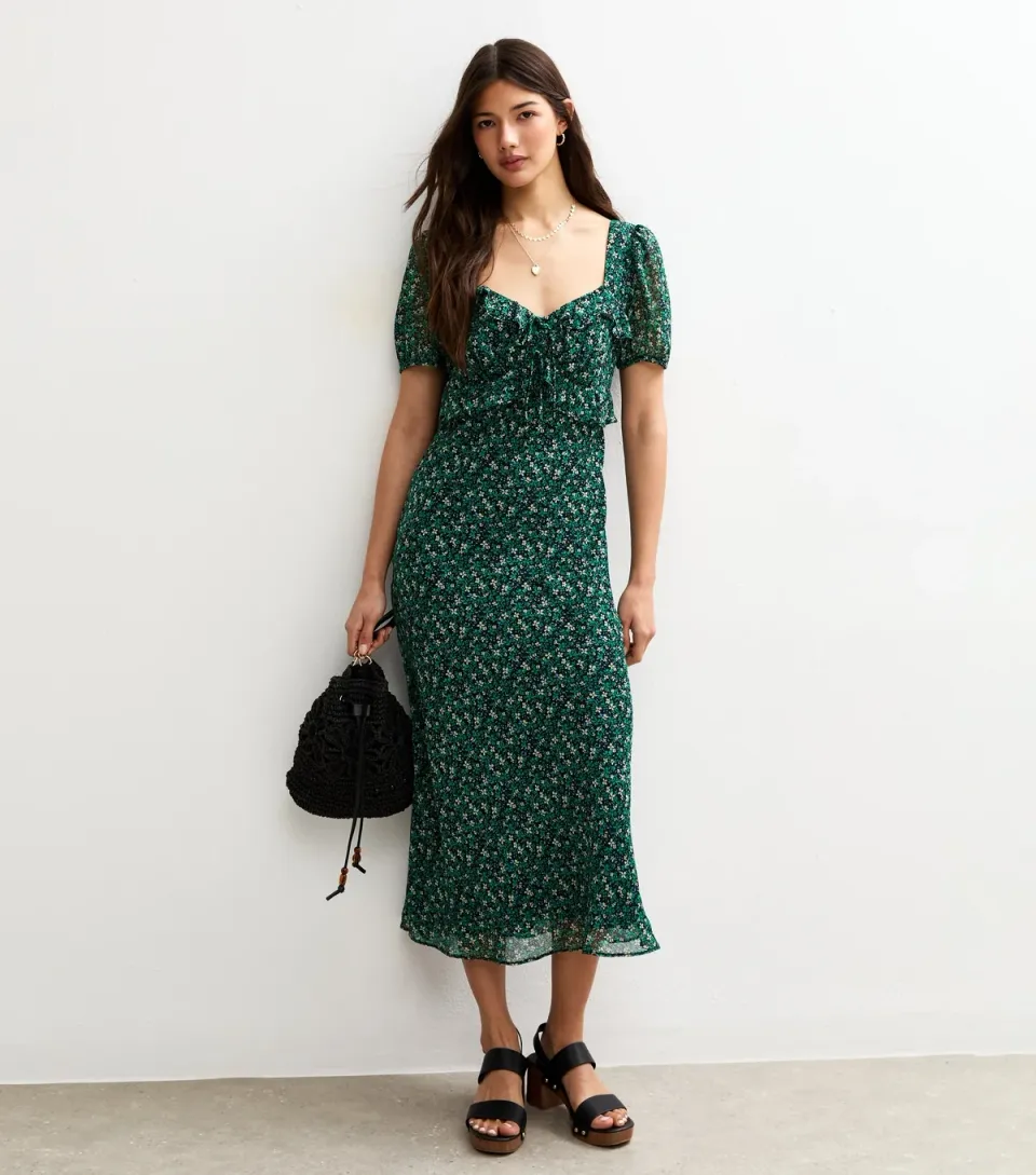Women's Green Floral Print Milkmaid Midi Dress