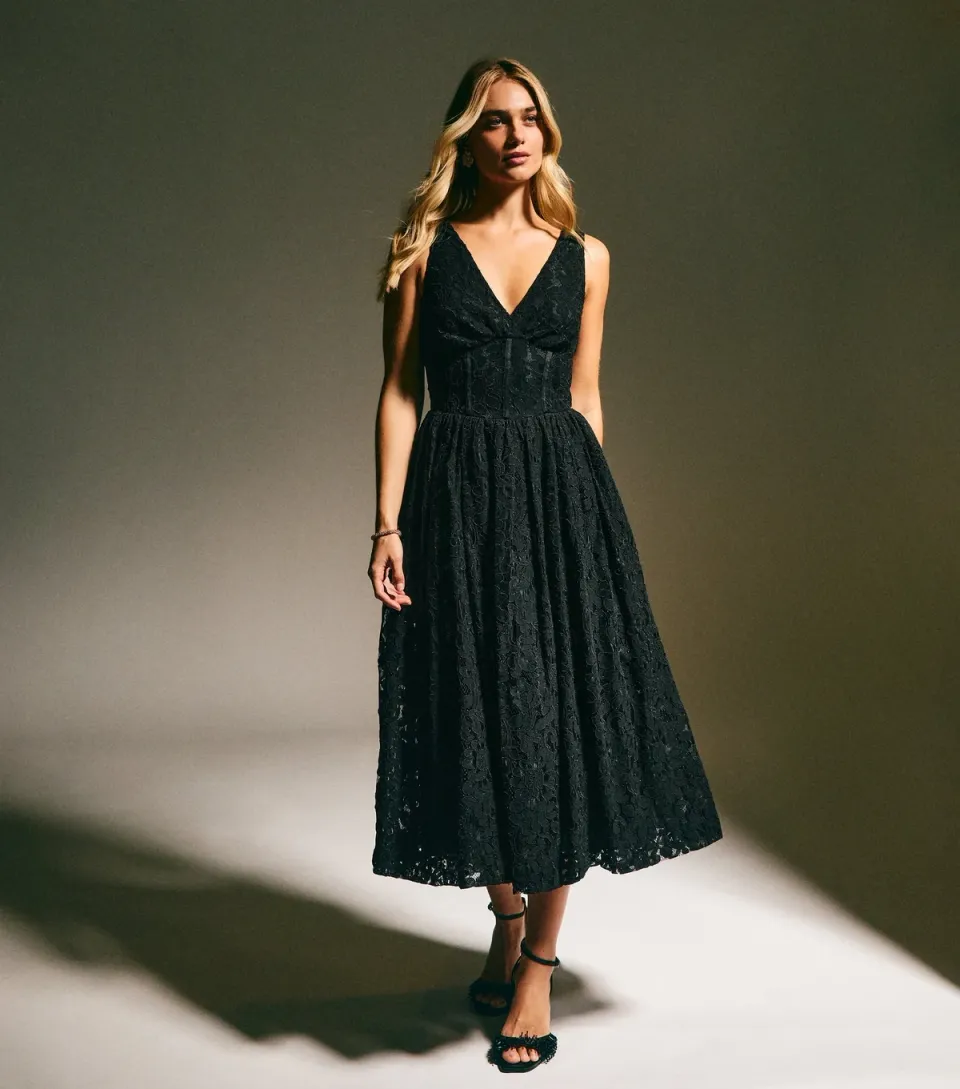 Women's Black Lace Corset Midi Dress
