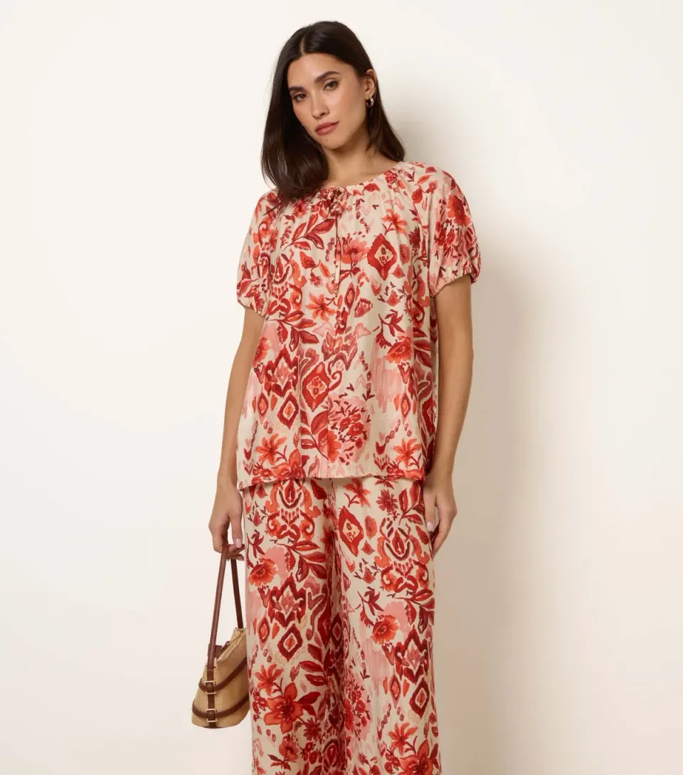 Women's Orange Pattern Tie Front Top