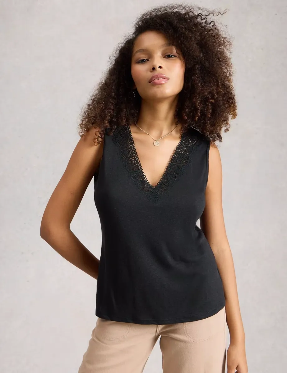 Linen Blend Lace Trim V-Neck Vest Top