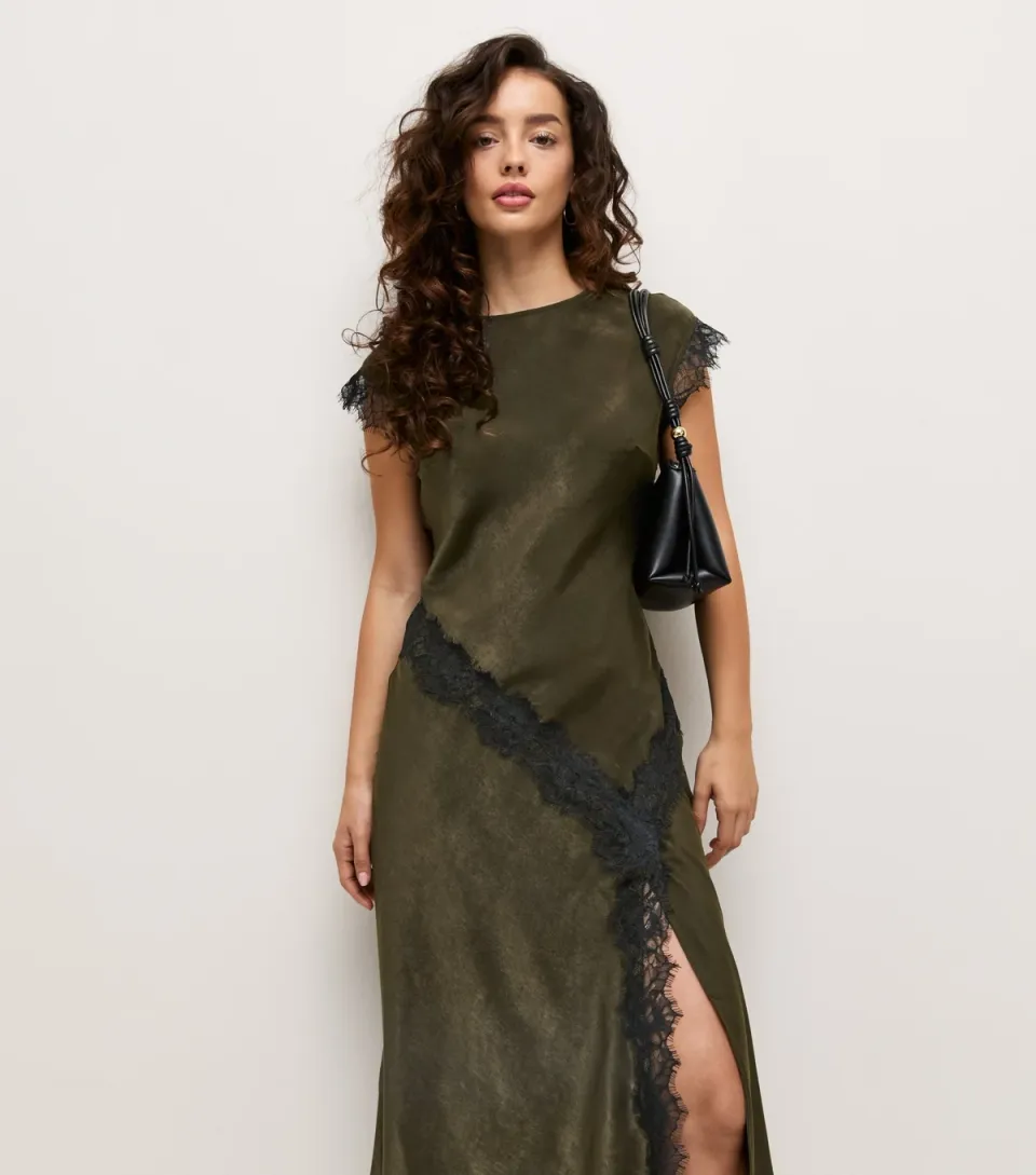Women's Petite Dark Khaki Lace Trim Bias Midi Dress