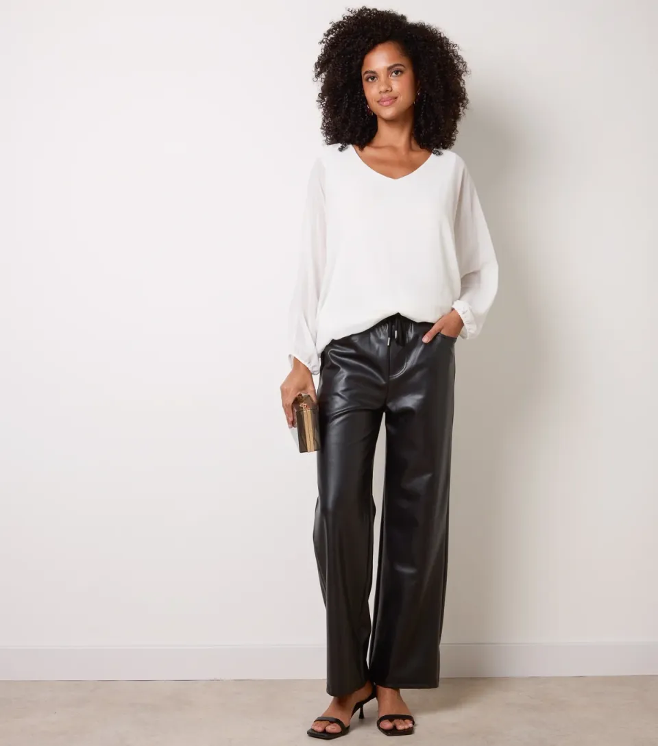 Women's Black Faux Leather Wide Leg Trousers
