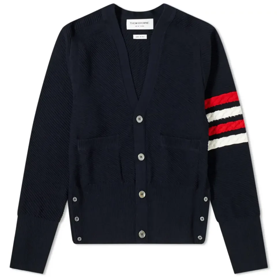 Diagonal Stitch Four Bar Stripe Merino Cardigan