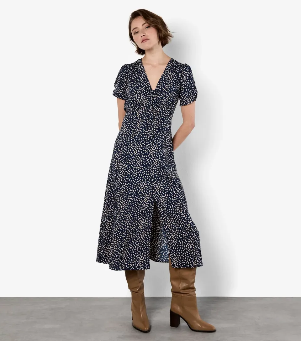 Women's Navy Tie Front Animal Print Midi Dress