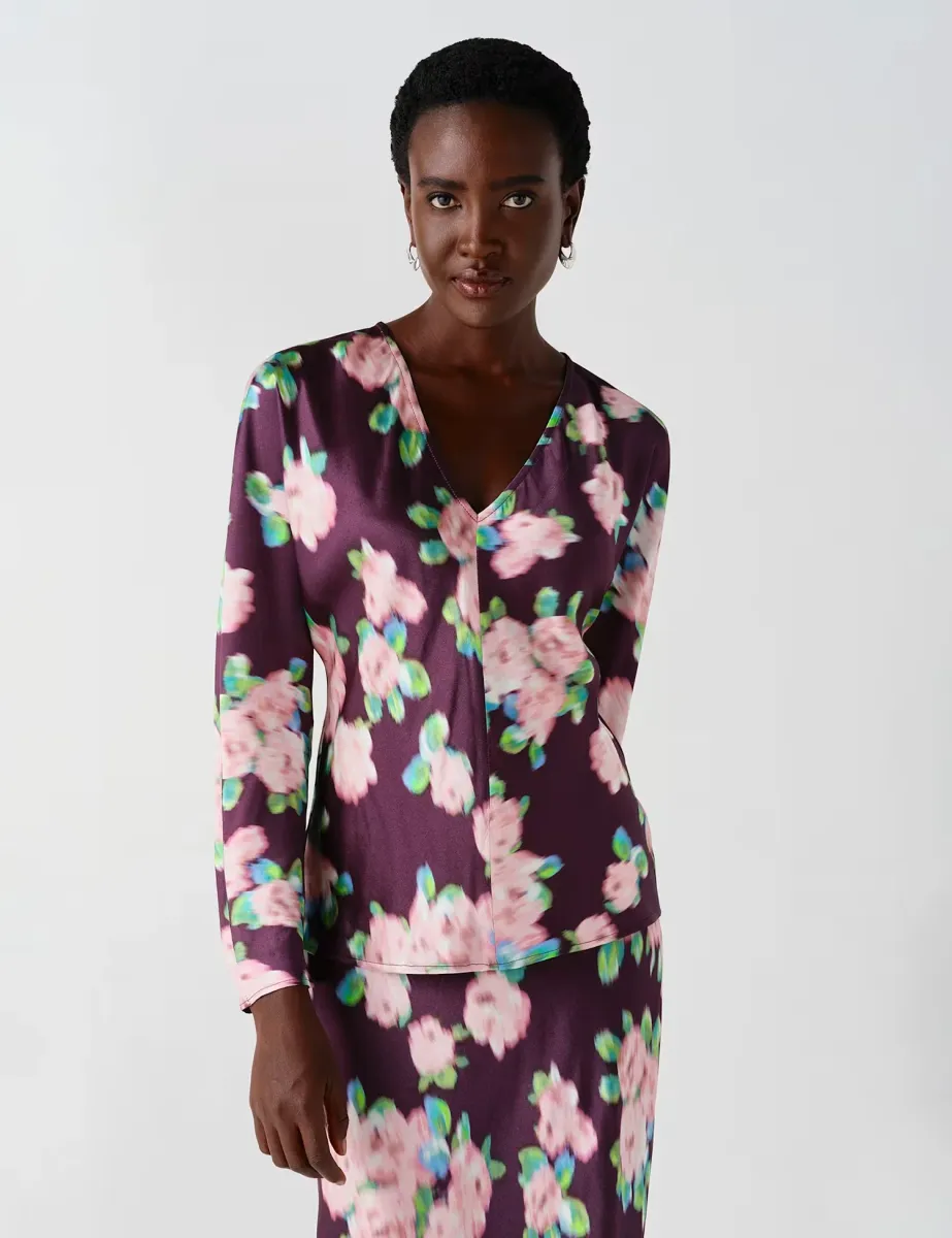 Satin Floral V Neck Batwing Sleeve Top Purple Mix