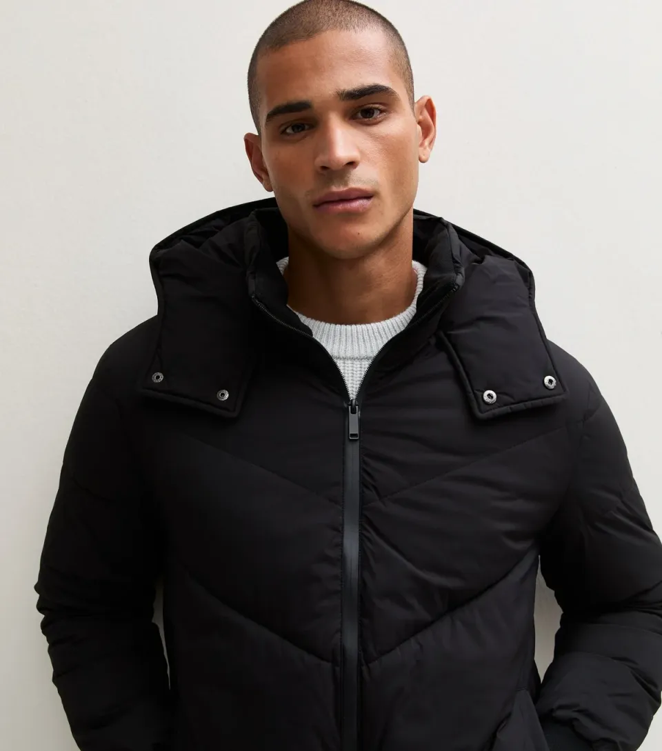 Men's Black Hooded Funnel Neck Puffer Jacket